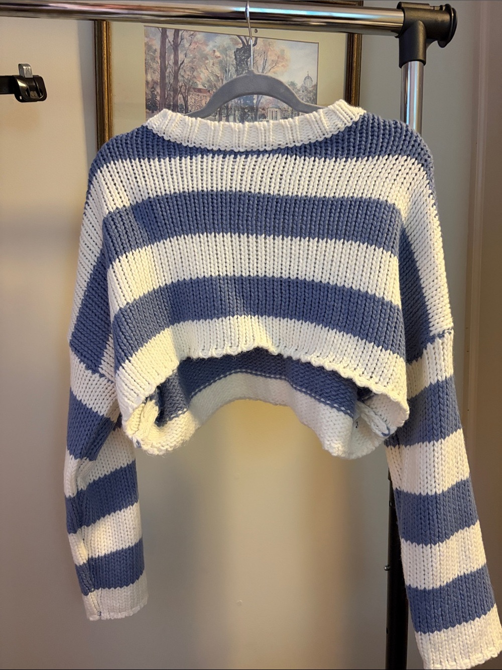 Edikted Blue & White Striped Cropped Crew Sweater